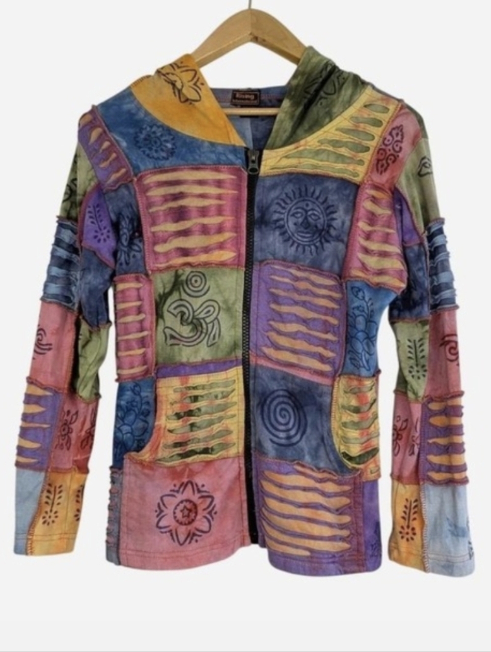 Rising International Patchwork Tie Dye Zip Hoodie Boho Celestial Small